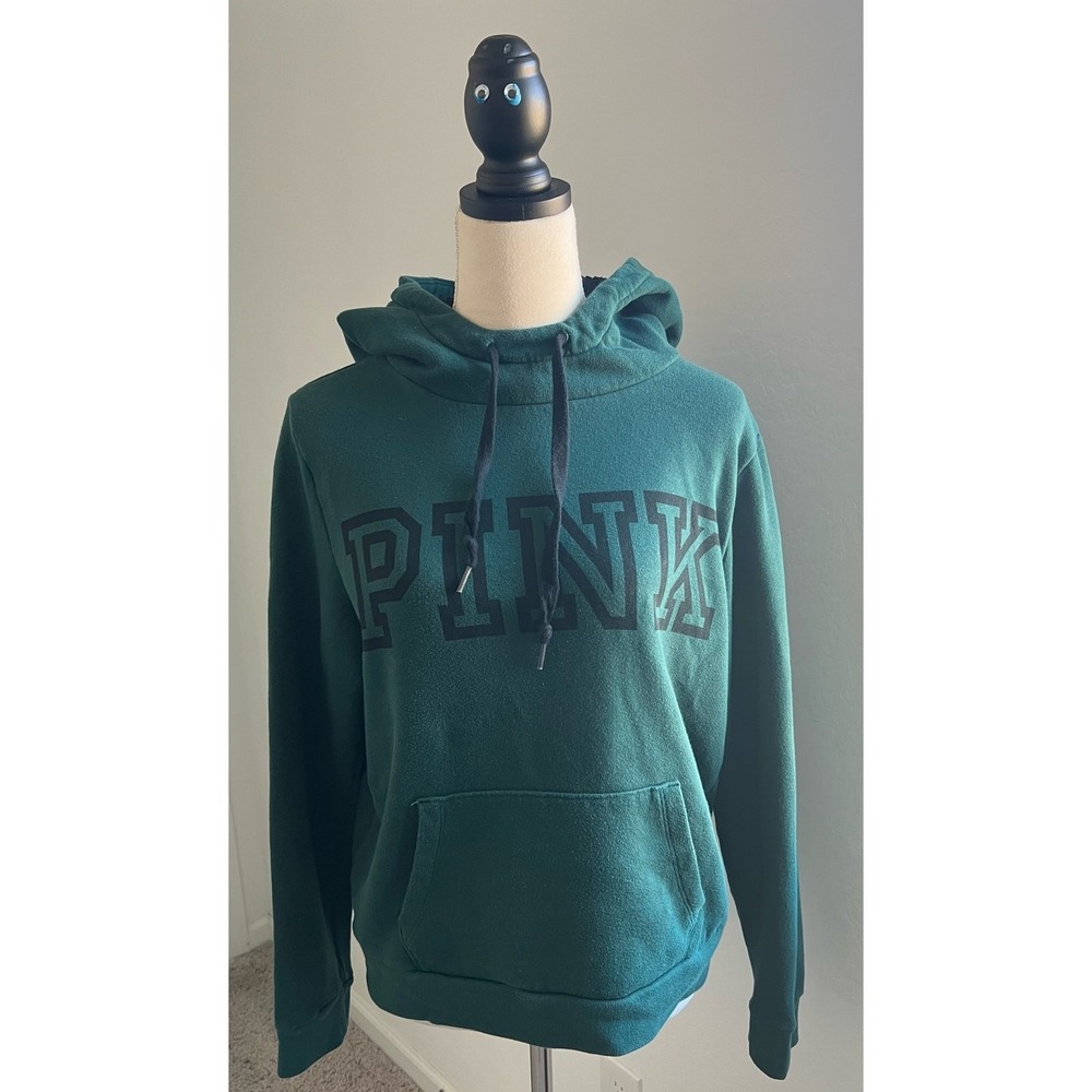 PINK Victoria's Secret Pull Over Hoodie Sweater Sweatshirt Green and Black Sz L‎